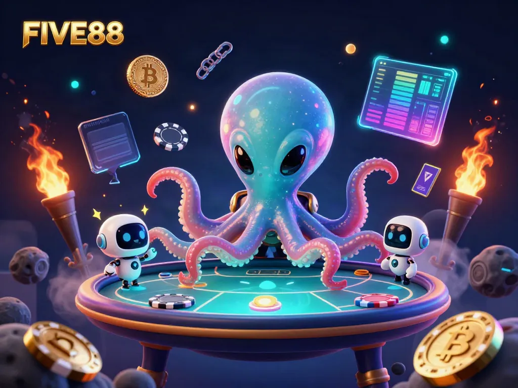Engage with FIVE88's thrilling 3D alien casino scene featuring cosmic poker and vibrant cryptocurrency elements.