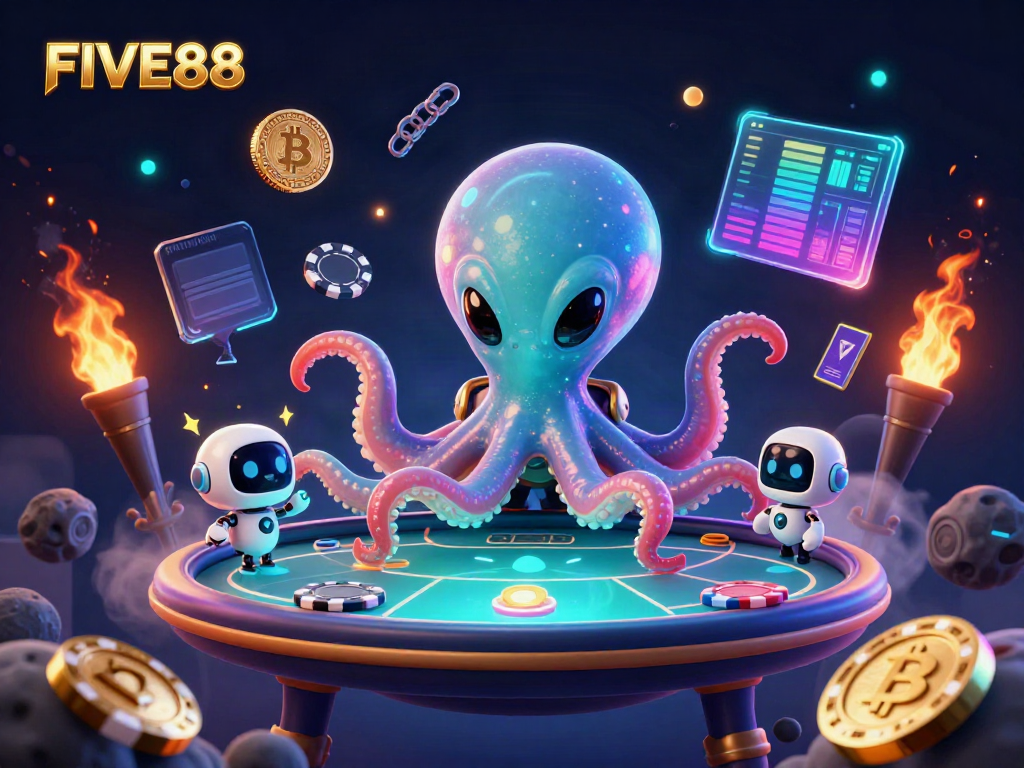 Engage with FIVE88's thrilling 3D alien casino scene featuring cosmic poker and vibrant cryptocurrency elements.