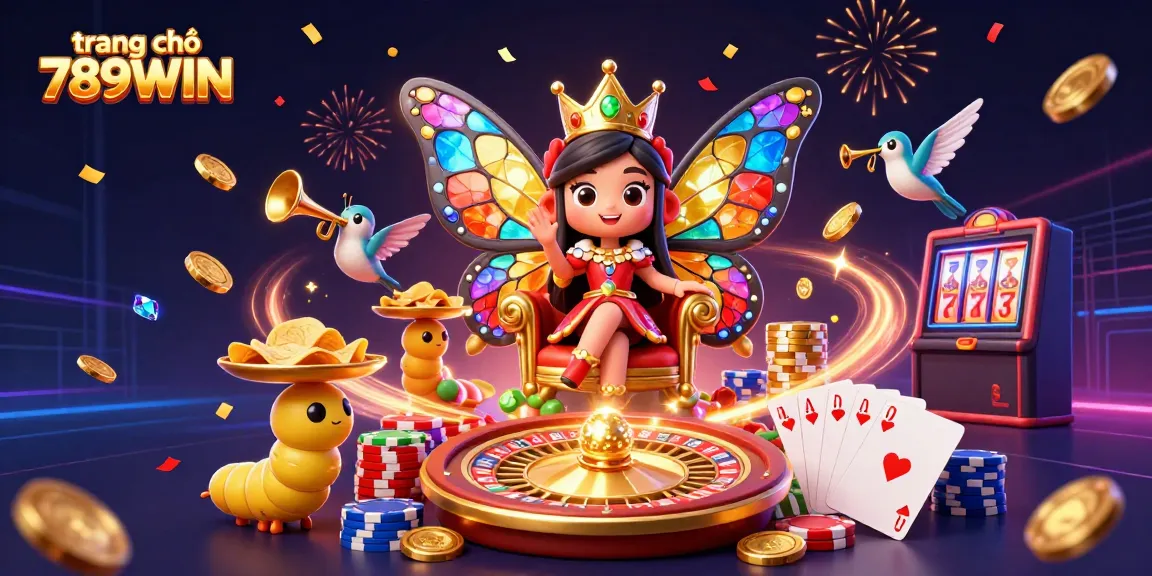 Experience the vibrant excitement of trang chủ 789WIN with a majestic butterfly queen amidst cascading coins and poker elements.