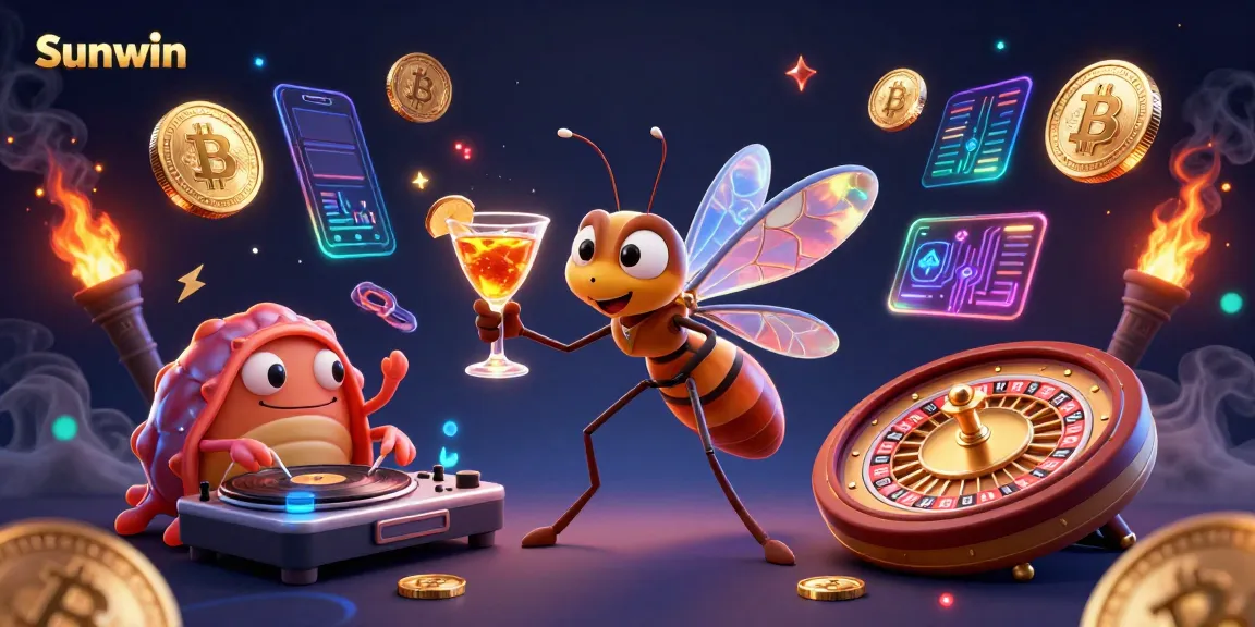 Experience the thrill with Sunwin's dynamic casino scene featuring 3D animated characters and vibrant elements.