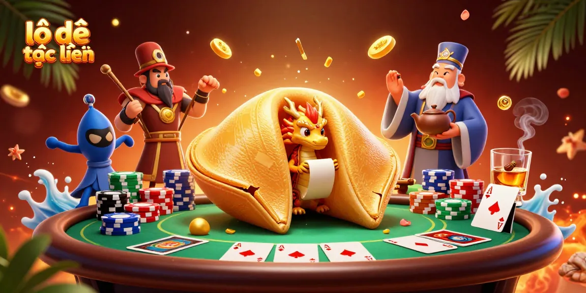 Experience the thrill of lô đề trực tuyến with a dynamic 3D illustration featuring fortune cookie-inspired characters and gambling elements.