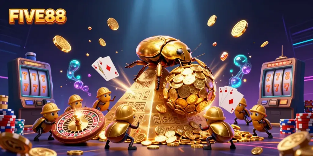 Engage in the excitement of FIVE88 with a lively scene of beetles and casino elements!