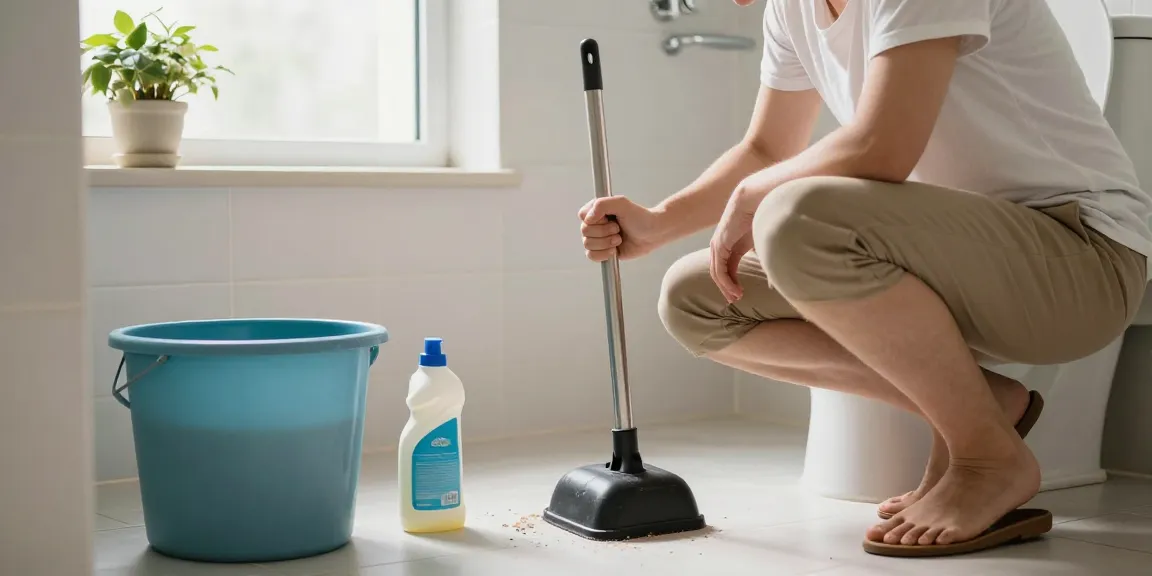 Verstopte wc oplossen met een plunjer in moderne badkamer.