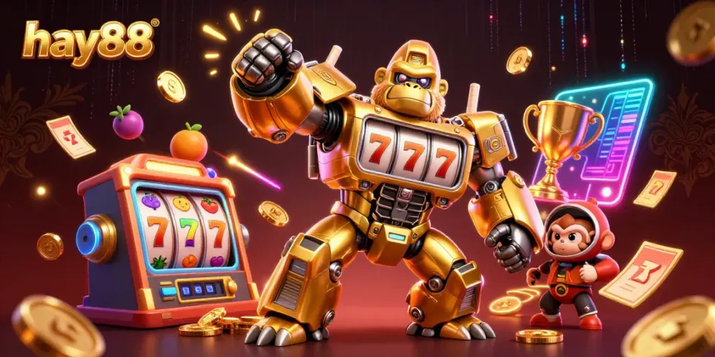 Engage with hay88's exciting slot game universe featuring a golden gorilla mech and dynamic casino elements.