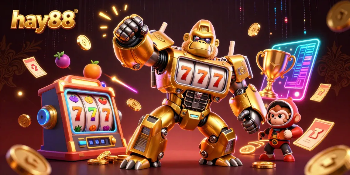 Engage with hay88's exciting slot game universe featuring a golden gorilla mech and dynamic casino elements.