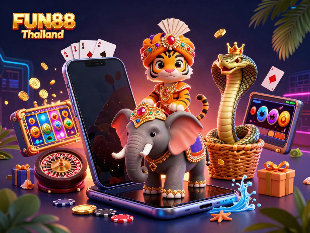Experience the excitement of FUN88 Thailand with a vibrant 3D illustration showcasing thrilling gaming elements.
