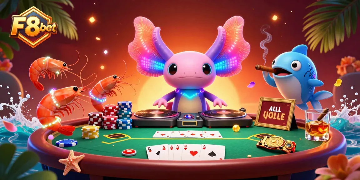 Join the fun at F8bet with a vibrant 3D casino scene featuring a neon axolotl DJ and poker excitement.