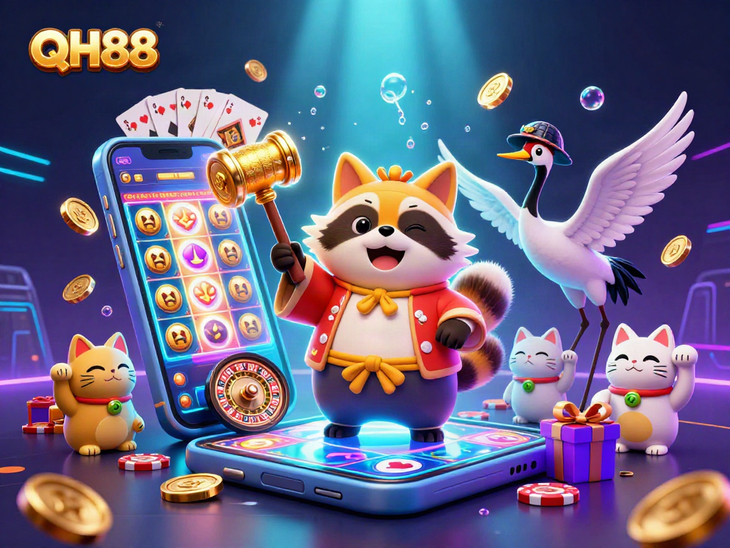 Experience the thrill of QH88 with cheerful tanuki and fortune cats in a vibrant casino scene.