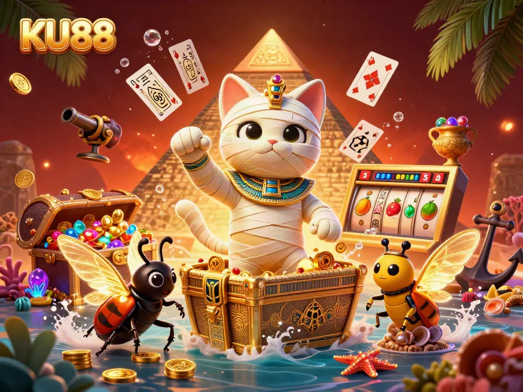 Experience the thrilling ambiance of KU88 with vibrant scenes of an Egyptian mummy cat and casino elements.