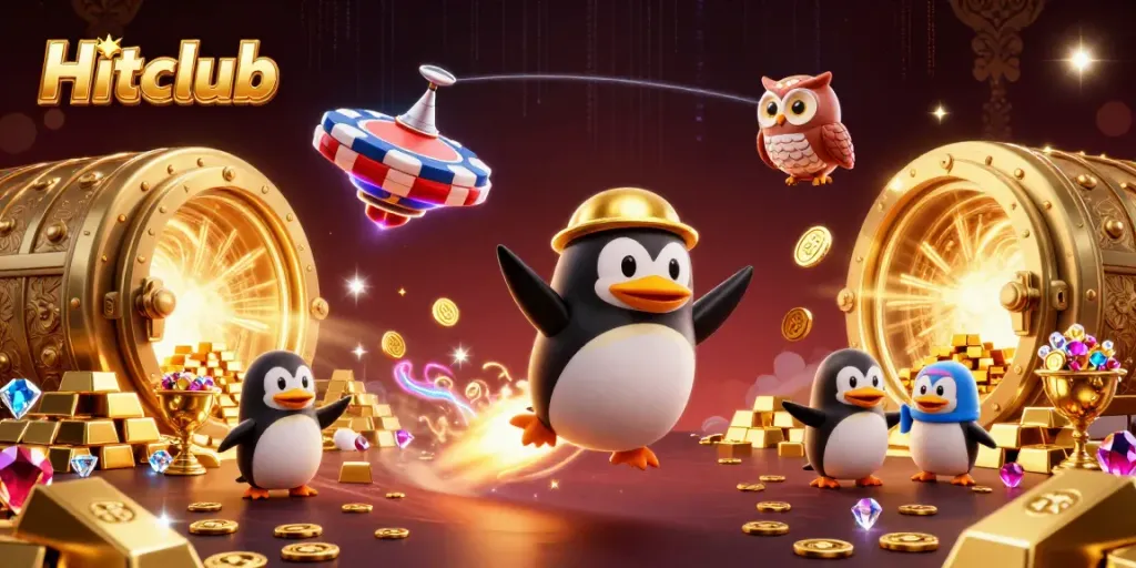 Hitclub penguin racing toward a casino while scattering gold coins, showcasing a rich gambling universe.