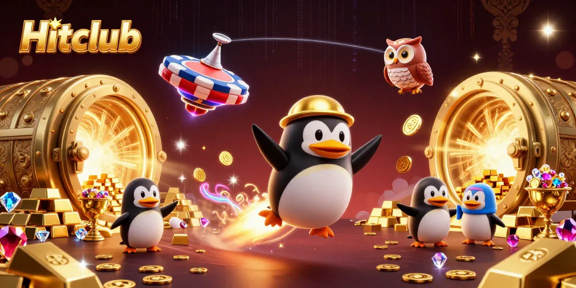 Hitclub penguin racing toward a casino while scattering gold coins, showcasing a rich gambling universe.