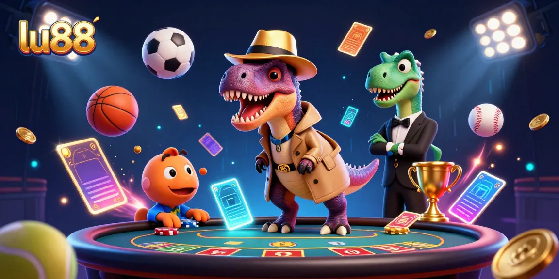 Experience thrilling gambling with lu88 featuring a velociraptor card counter sneaking chips at a blackjack table.
