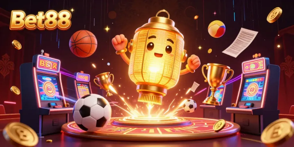 Experience thrilling gaming with Bet88's vibrant golden lantern spirit and dynamic casino elements.