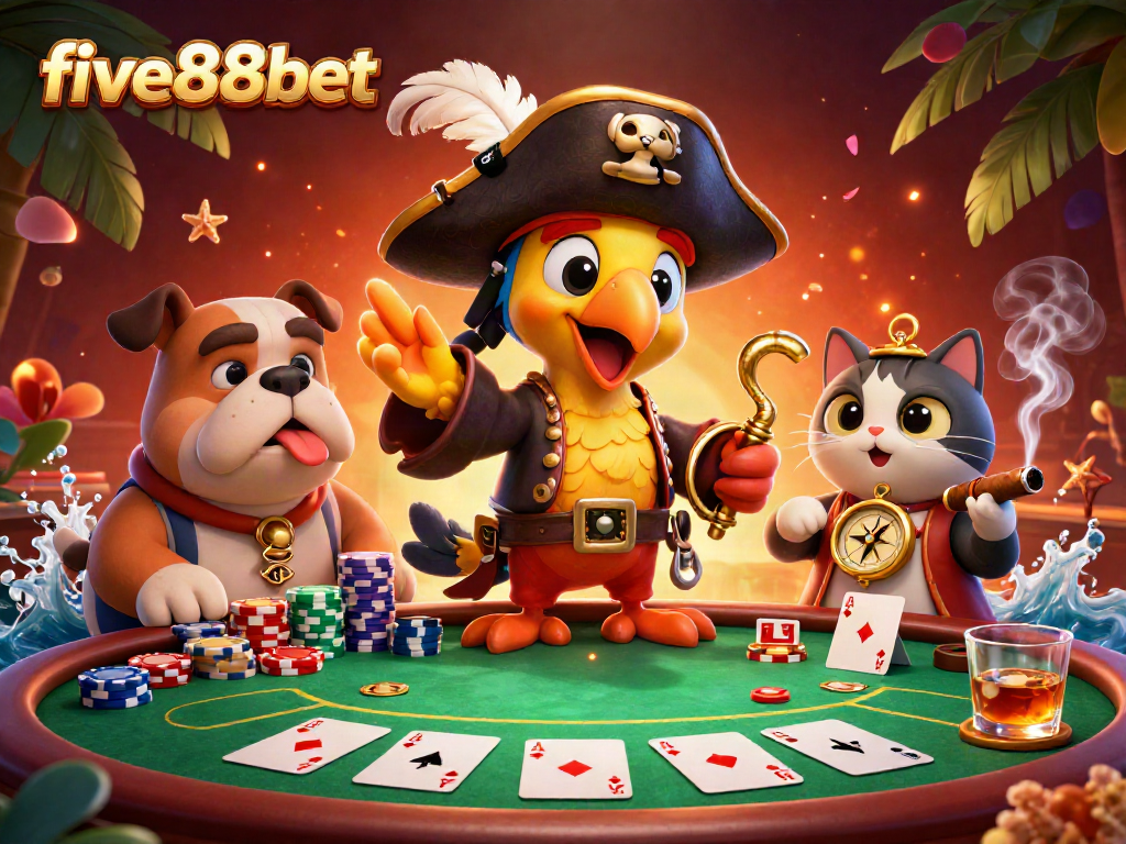 Experience the thrill of five88bet with dynamic characters playing at a vibrant poker table surrounded by colorful chips.
