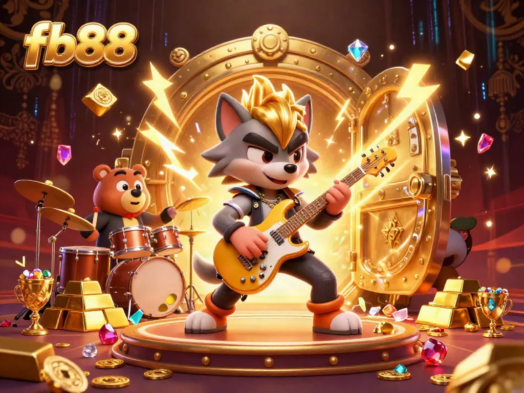 Experience the thrill of FB88 with dynamic gaming visuals, featuring a rock star wolf and a drummer bear on a vibrant casino stage.