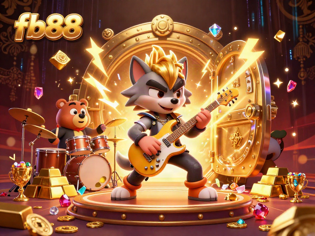 Experience the thrill of FB88 with dynamic gaming visuals, featuring a rock star wolf and a drummer bear on a vibrant casino stage.