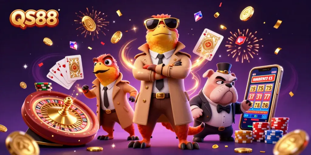 Experience the excitement of QS88 as raptors disguised enter a VIP casino lounge with vibrant gaming elements.