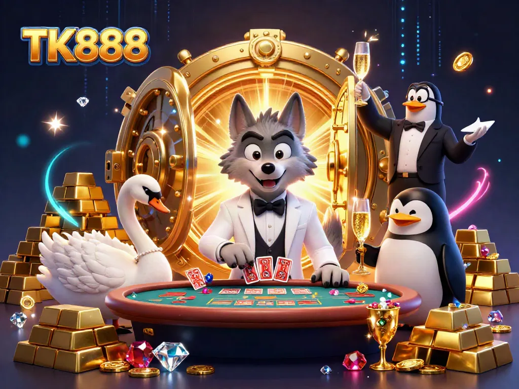 Experience thrilling baccarat action with TK888 in a vibrant casino scene featuring unique characters.