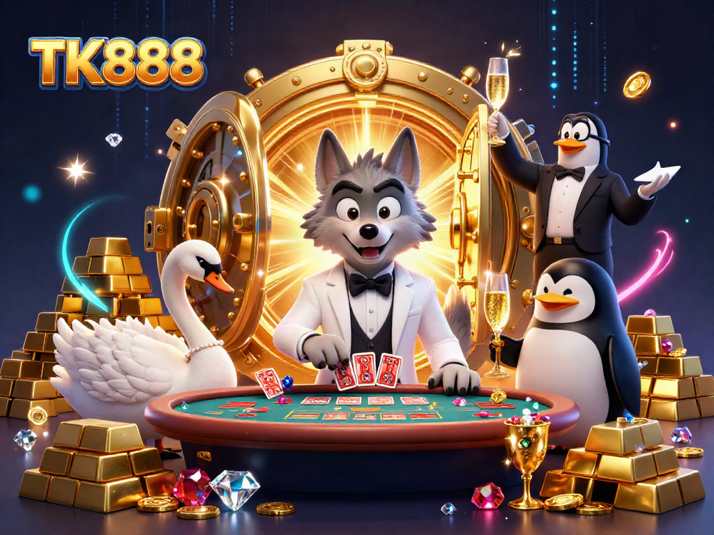 Experience thrilling baccarat action with TK888 in a vibrant casino scene featuring unique characters.