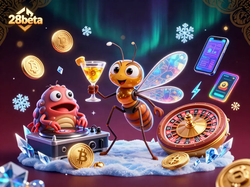 Join the 28beta casino adventure with vibrant characters and glowing cryptocurrency elements.