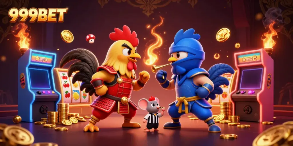 Experience the thrill of 999BET with battling characters and casino elements in a vibrant scene.