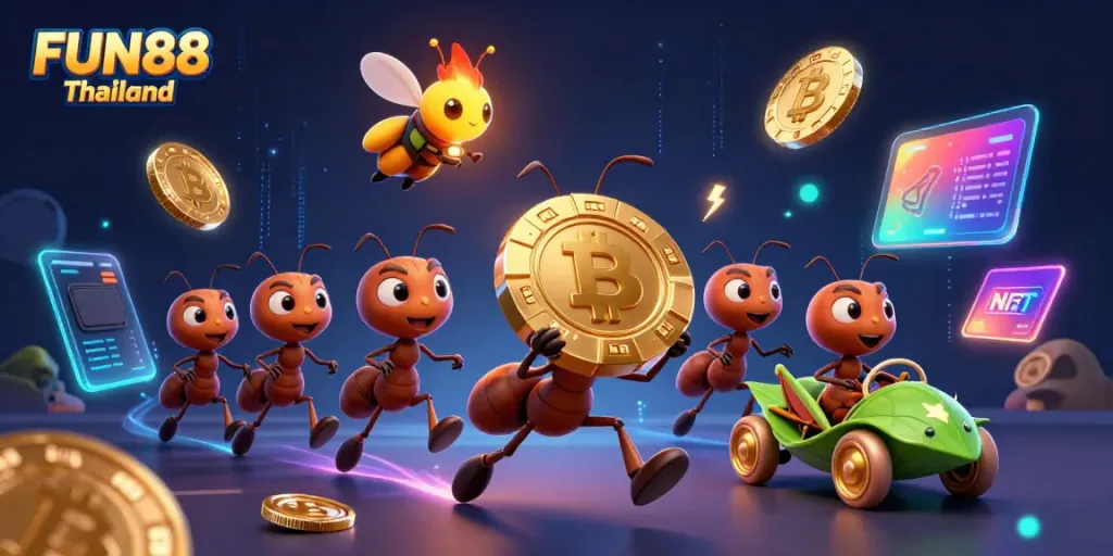 Experience the thrill with FUN88 Thailand in a vibrant heist scene featuring ants and crypto elements.