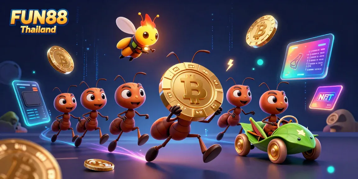 Experience the thrill with FUN88 Thailand in a vibrant heist scene featuring ants and crypto elements.