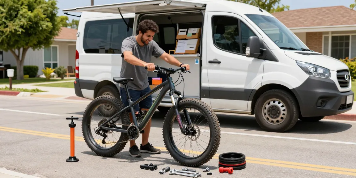 Fatbike reparatie aan huis door een mobiele monteur in een levendige buurt.