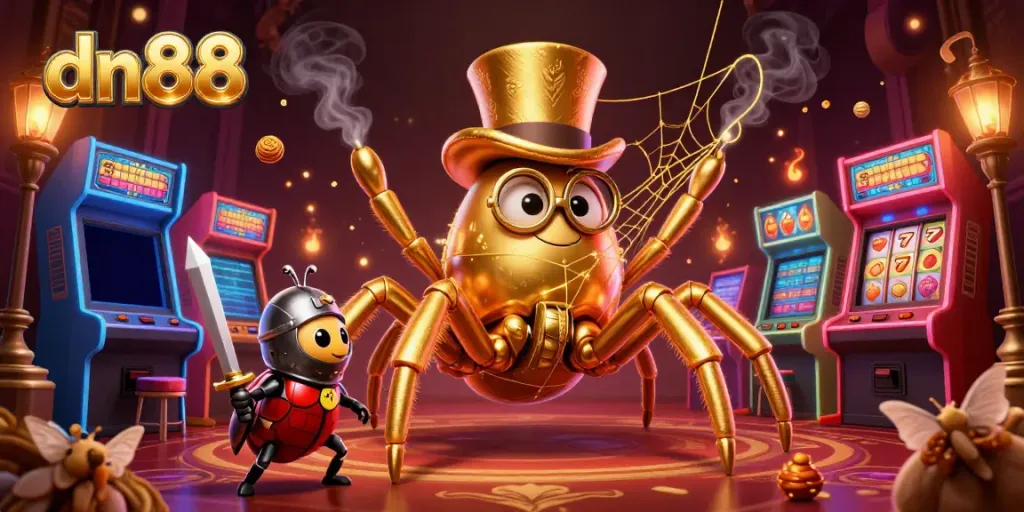 Experience the thrill of dn88 casino with a lively 3D scene featuring a golden tarantula and a beetle knight.