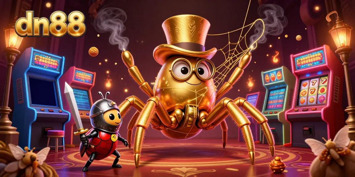 Experience the thrill of dn88 casino with a lively 3D scene featuring a golden tarantula and a beetle knight.