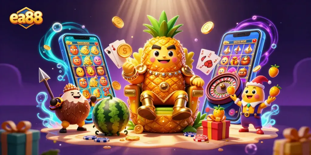 ea88 immerses players with vibrant 3D casino adventure showcasing tropical characters and dynamic game elements.
