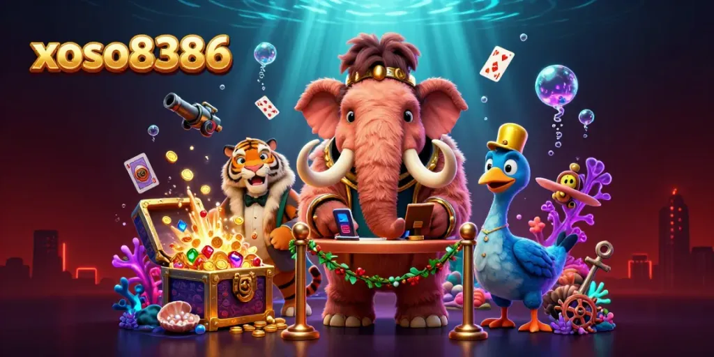 Gamble with excitement at xoso8386 with vibrant casino characters and treasures.