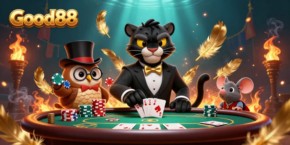 Good88 presents a vibrant 3D scene featuring a panther dealing cards alongside an owl and mouse, rich with casino elements.