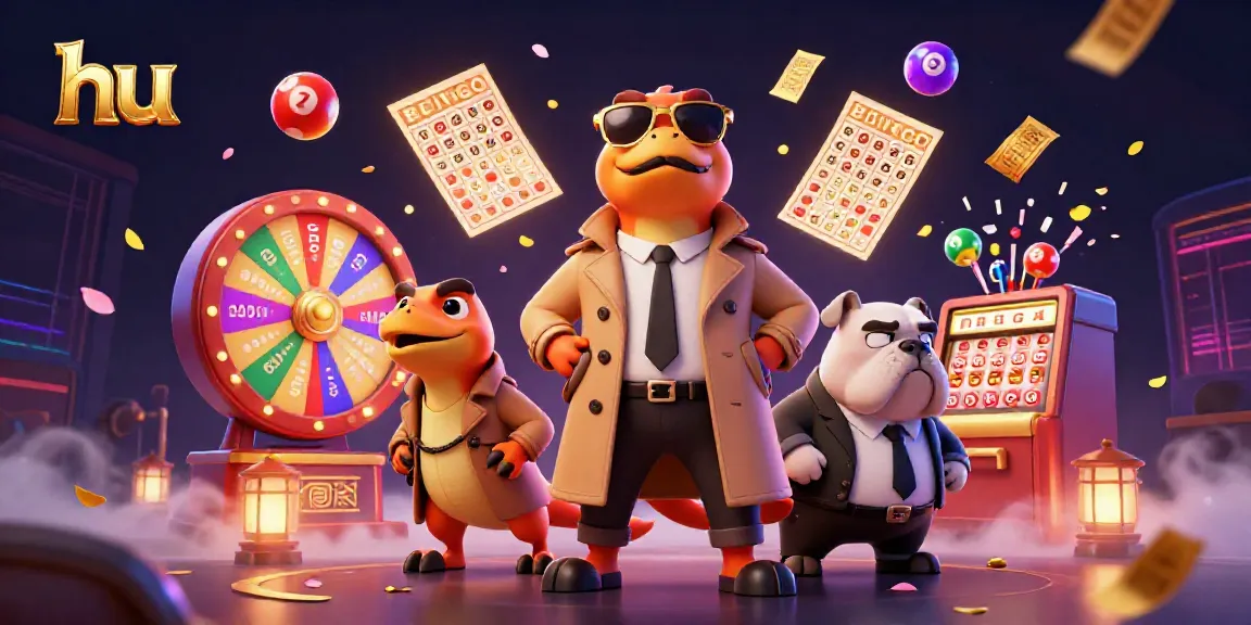 Engage in thrilling gaming action at hu's casino with vibrant elements and lively characters.