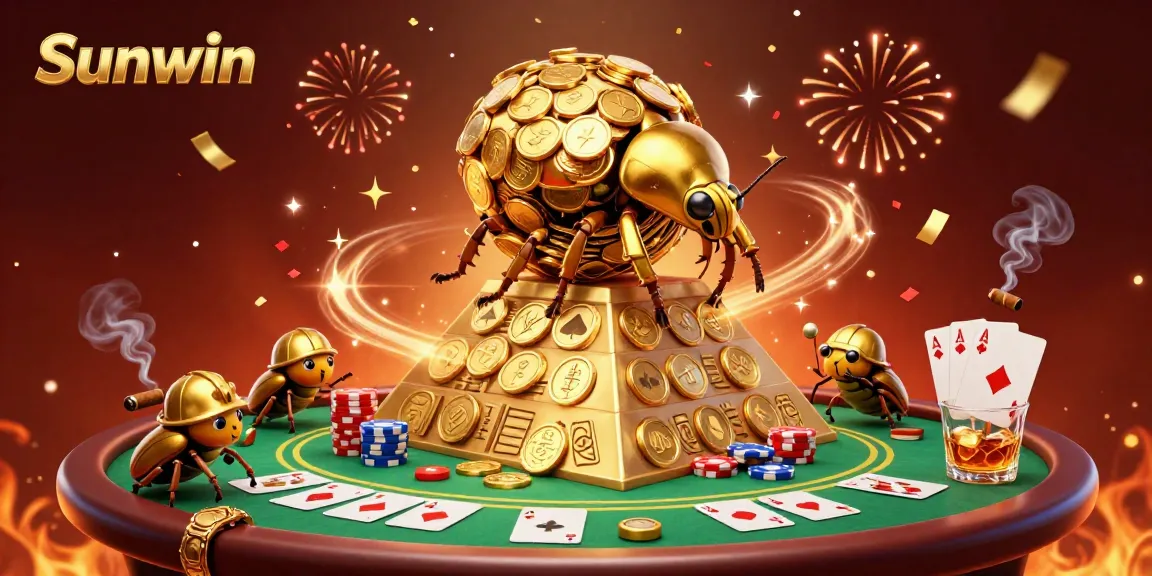 Sunwin themed illustration showcasing a golden dung beetle rolling coins, capturing the excitement of casino games.