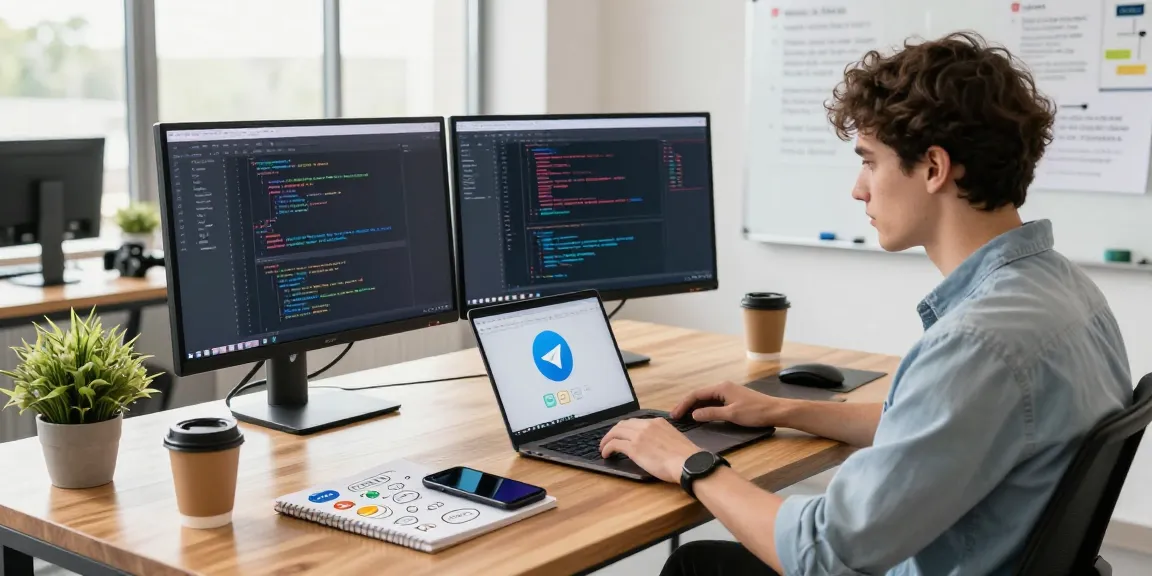 Download Telegram app in a modern tech workspace with dual monitors and coding.