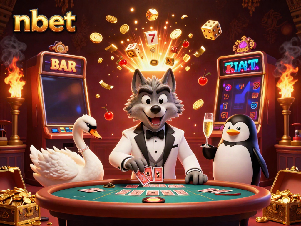 Engage in thrilling nbet action with a debonair wolf and elegant characters at a vibrant casino scene.