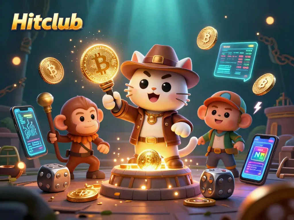 Hitclub offers thrilling casino adventures with an archaeologist cat and monkey, surrounded by crypto elements.
