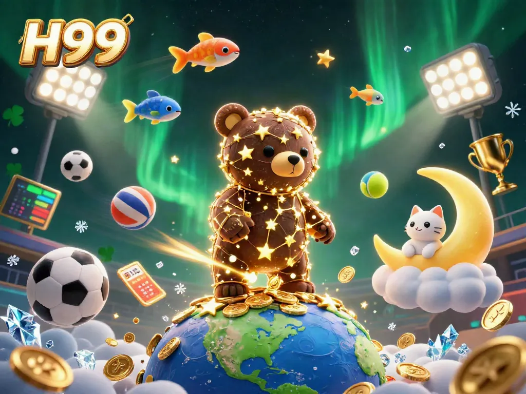 Catch the thrill with H99, as golden stars and sports elements blend in this vibrant casino scene.