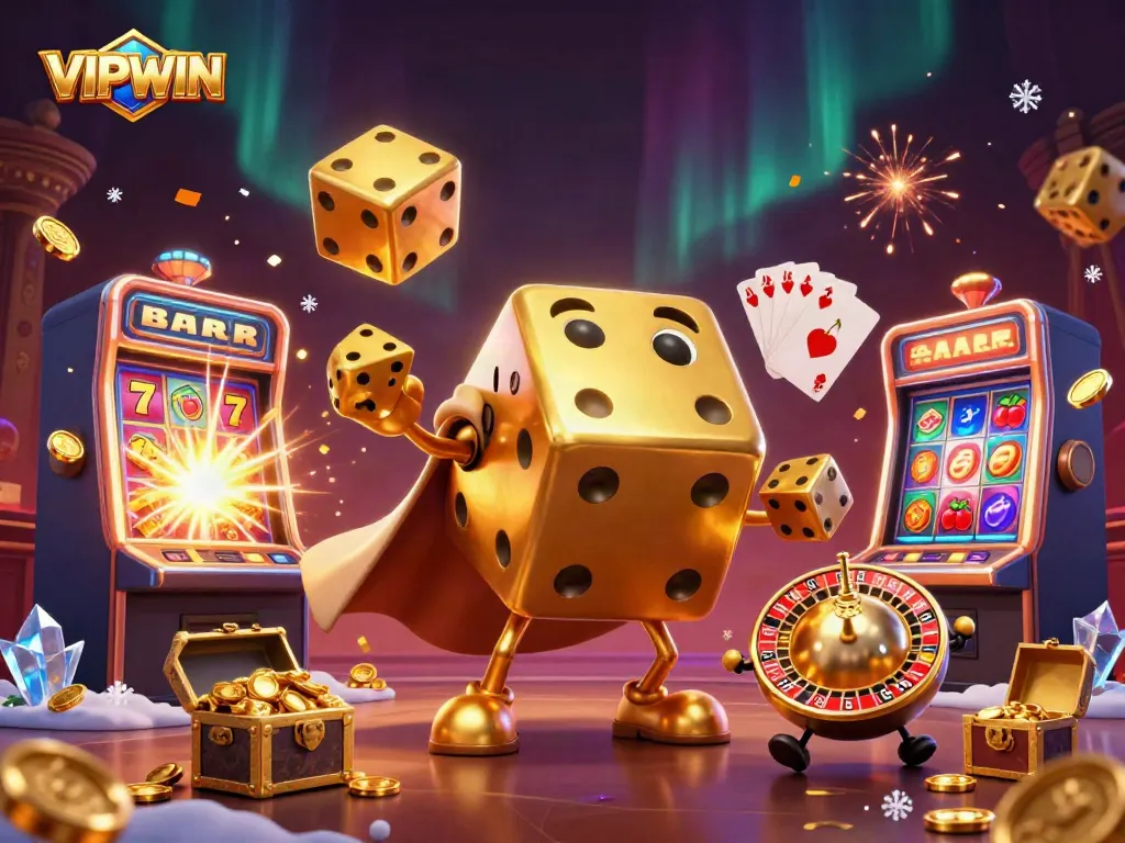 Join the excitement at VIPWIN with our golden dice golem and jackpot slot machine illustration, capturing the thrill of casino gaming.