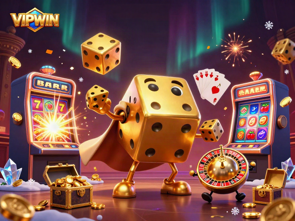 Join the excitement at VIPWIN with our golden dice golem and jackpot slot machine illustration, capturing the thrill of casino gaming.