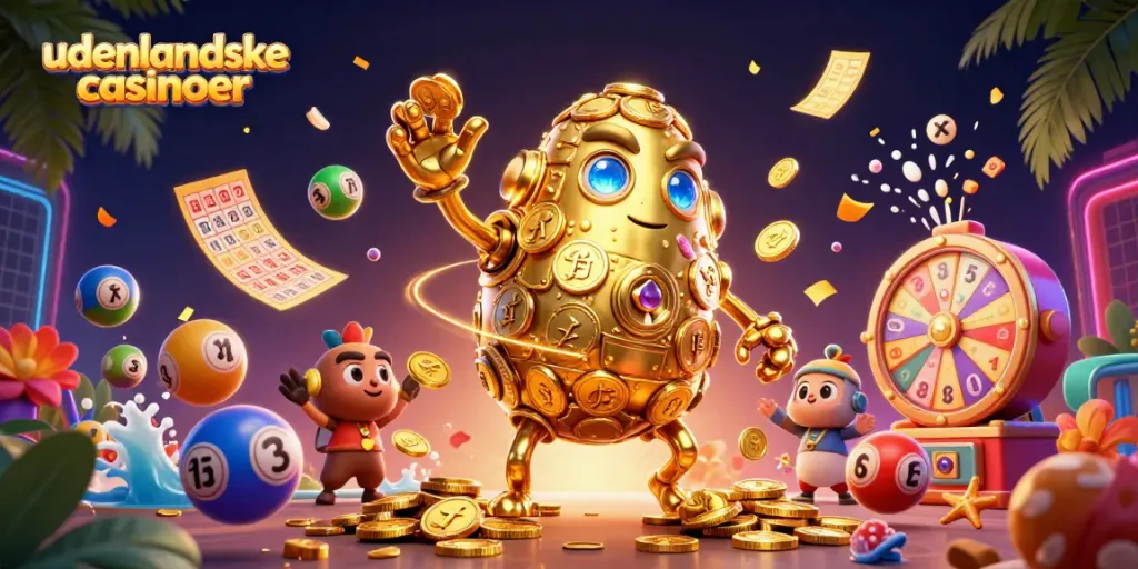 Engage in udenlandske casinoer with dynamic lottery balls and a golden golem symbolizing fun.