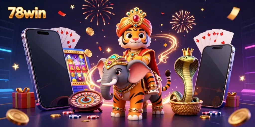 Experience exciting 78win gaming with colorful slots and casino atmosphere in vibrant 3D illustration