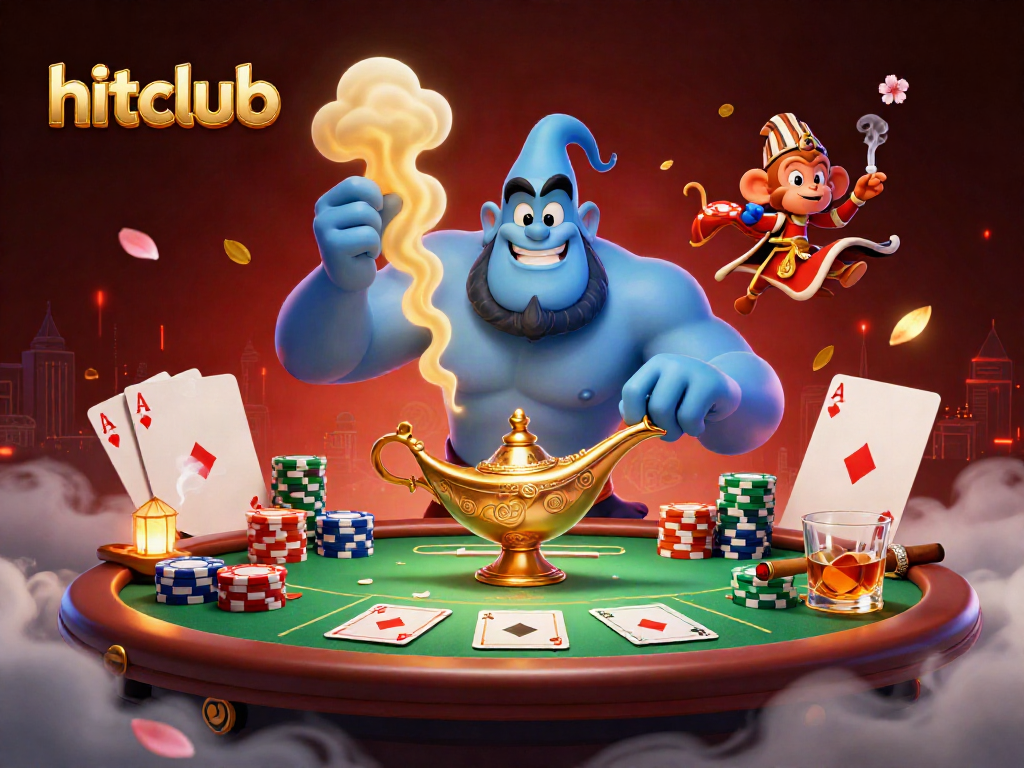 Experience the thrill of hitclub with a dynamic 3D illustration featuring a shining genie and poker elements.