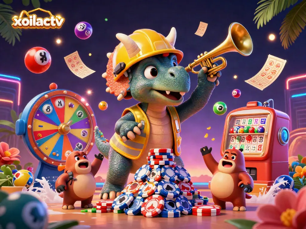 Xoilactv brings excitement with a triceratops and parasaurolophus celebrating in a dynamic gambling scene.