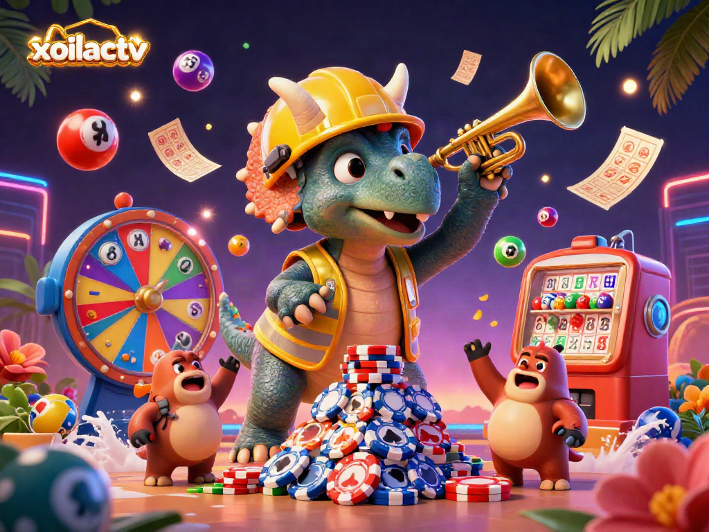 Xoilactv brings excitement with a triceratops and parasaurolophus celebrating in a dynamic gambling scene.