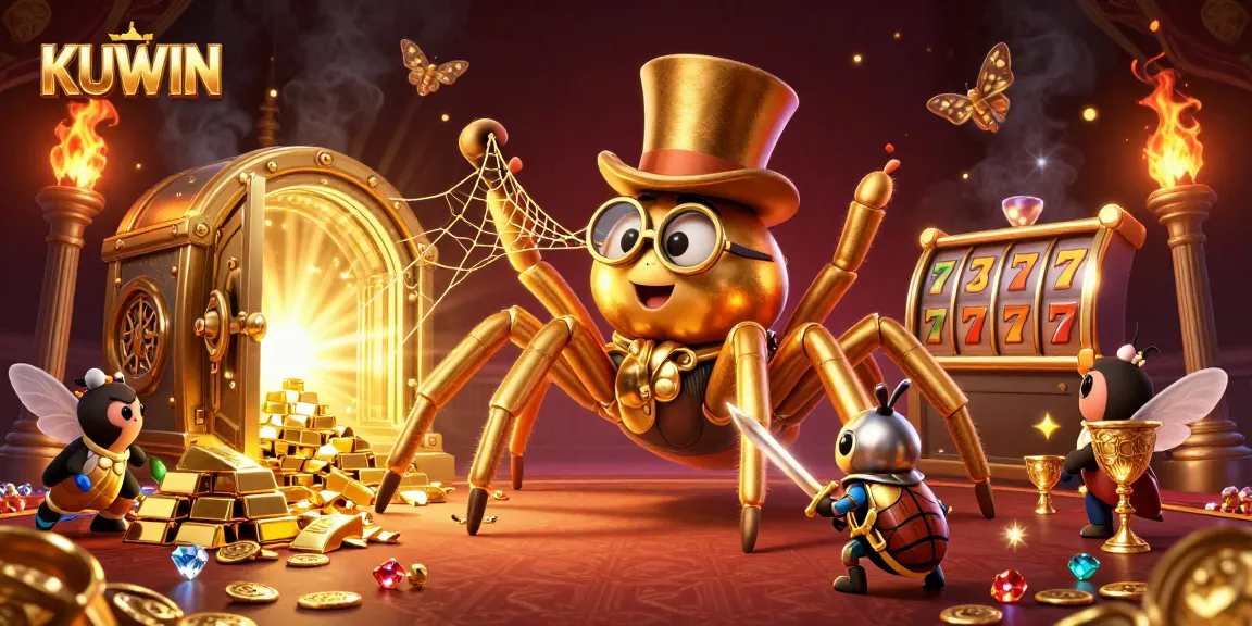 Engage in thrilling slots at KUWIN’s vibrant casino with golden treasures and animated characters.