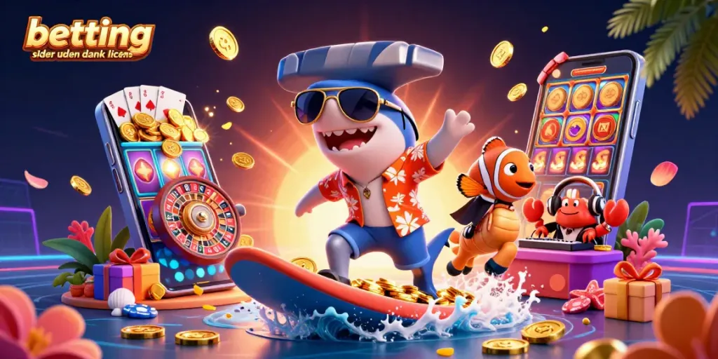 Join the wave of fun with betting sider uden dansk licens featuring a shark surfing a gold coin wave!