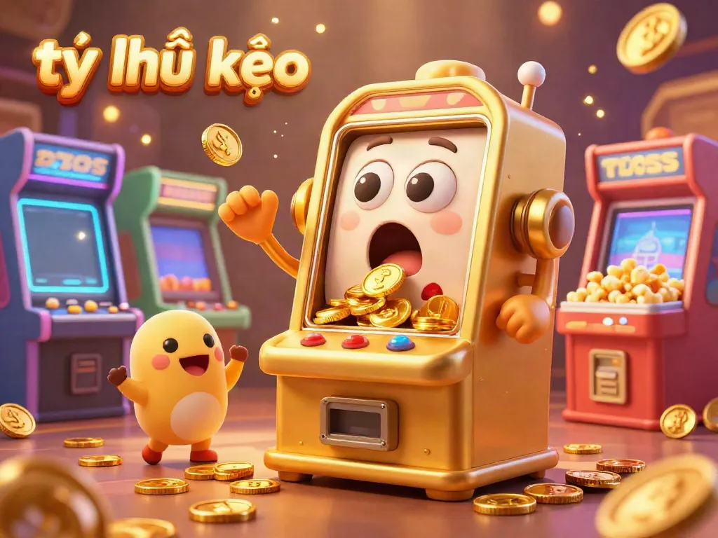 Experience the excitement of tỷ lệ kèo in this lively 3D scene featuring a golden slot machine celebrating its jackpot amidst cheering companions.