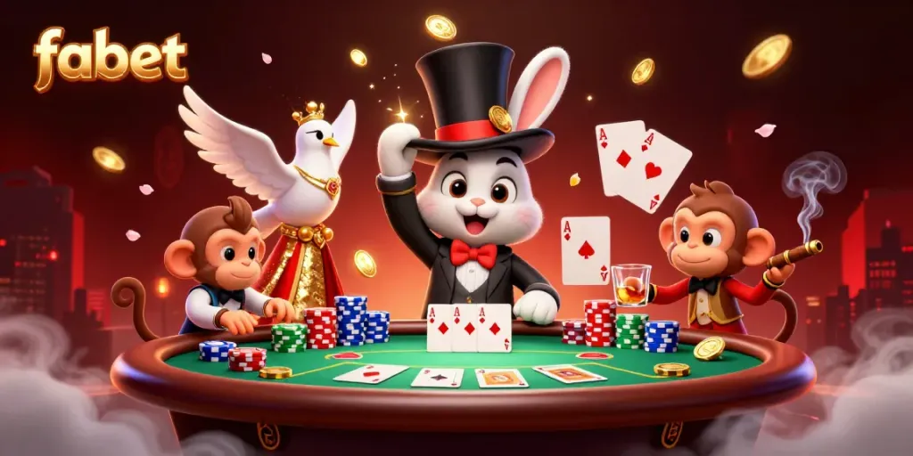 Experience the vibrant fabet casino scene with a magical rabbit, dove, and monkey amidst poker chips and winning cards.